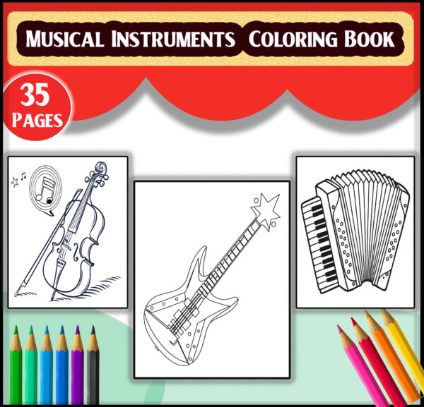 35 Musical Instruments Coloring Book – Printable PDF for Kids & Adults – Guitar, Piano, Violin, Drums, and More!