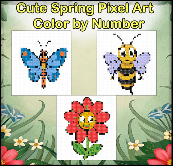 Cute Spring Pixel Art Color by Number | Digital Printable Coloring Pages