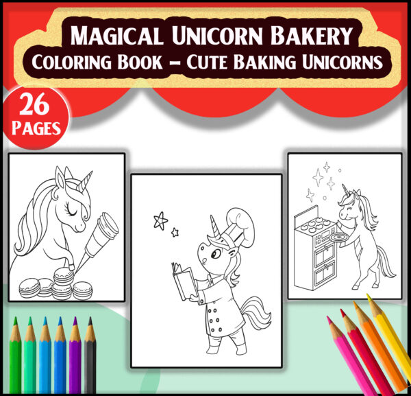 Magical Unicorn Bakery Coloring Book - Cute Baking Unicorns - Kitchen Magic
