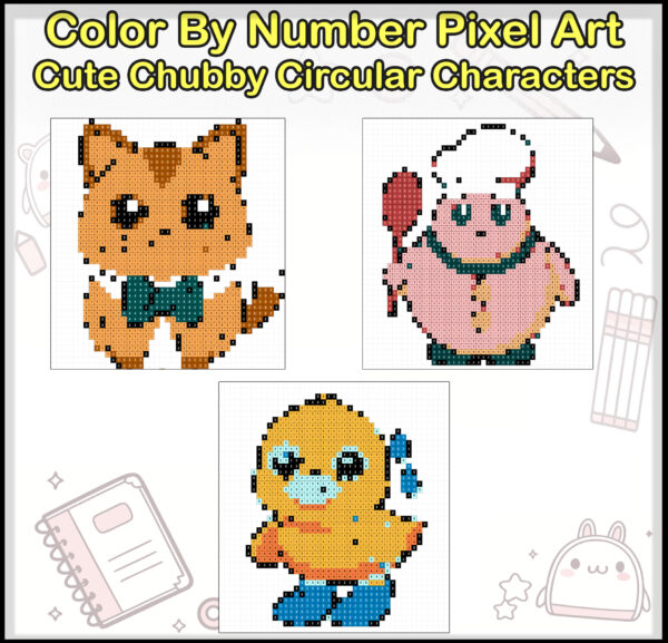 Color By Number Pixel Art Book - Cute Chubby Circular Characters