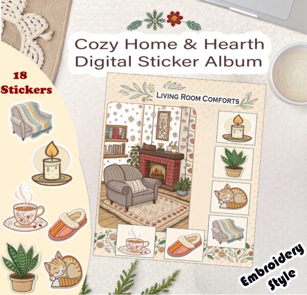 Cozy Home & Hearth Digital Sticker Album|Printable GoodNotes|Embroidery Style